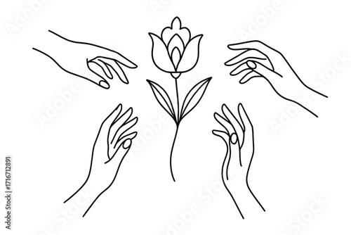 Magic feminine flower with female hands. Hand drawn line art vector. Elegant minimal mystic boho design for logo, beauty, wellness, cosmetic. Abstract floral composition concept.