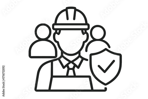 Worker safety line icon. Employee protection and insurance concept. Construction team with hard hat and shield. Labor security, workforce safety, engineering staff symbol.