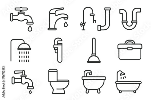 Plumbing icon set with faucets, bathroom fixtures, pipes, shower, toilet, wrench, plunger, toolbox, editable stroke vector for UI, web, apps, books, cards design