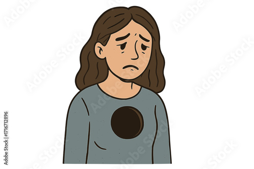 Concept of depression, grief, anxiety, loneliness. Metaphor of a sad, unhappy woman with a hole in her heart. Emotional burnout, emptiness. Mental health problem vector.