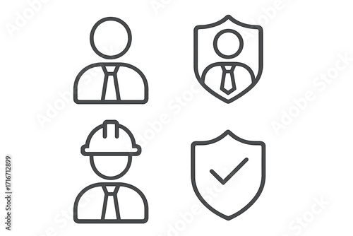 User protection and employee insurance icon set. Business person security and construction worker safety concept. Engineer with hard hat and shield with checkmark guarantee.