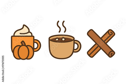 Autumn beverage icon set. Pumpkin spice latte, hot chocolate cocoa, cinnamon sticks. Cozy fall season warm drinks concept. Simple flat vector illustration for cafe menu.