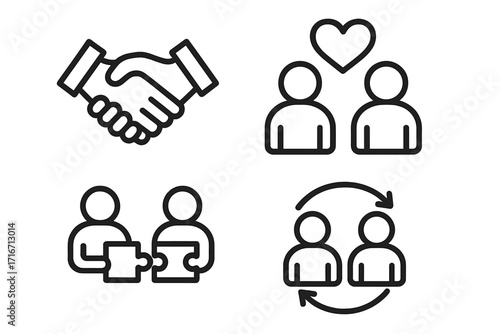 Partnership and collaboration icon set. Linear style icons for teamwork, agreement, and communication. Handshake, puzzle, love, and synergy symbols. Vector business concepts.