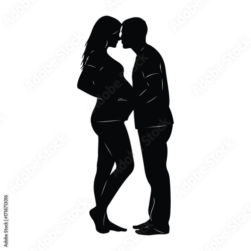 Pregnant couple embracing tenderly silhouette embrace