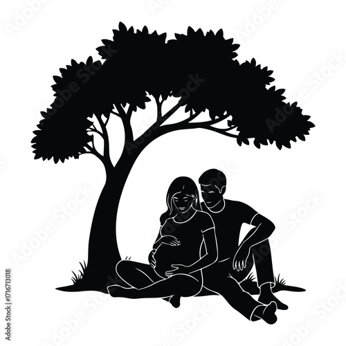 Pregnant couple under tree silhouette outdoors
