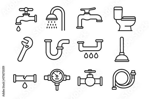 Plumbing service line icon set. Bathroom, kitchen sanitary engineering symbols. Faucet, toilet, shower, pipe leak, wrench tool, valve. Editable stroke vector pictograms.