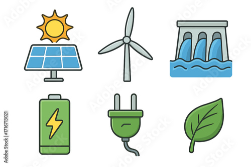 Renewable energy icons set with solar panel, wind turbine, hydro power, green battery, eco plug, and leaf symbol. Vector cartoon illustration collection for sustainable energy concepts