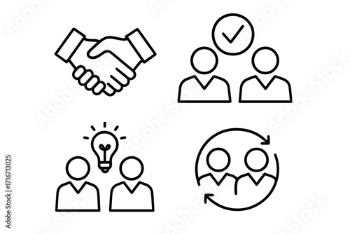 Partnership and collaboration linear icon set. Vector icons for teamwork, agreement, and business deals. Includes handshake, synergy, innovation, and approved team symbols.