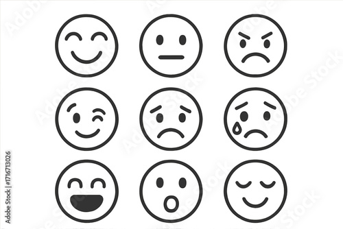 Emoji expressions icon set. Simple line art emoticons. Face smileys for user feedback and customer satisfaction survey. Happy, sad, angry, neutral mood vector collection.