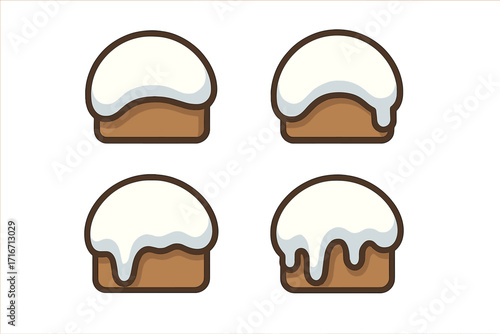 Set of sweet buns with white icing. Vector cartoon illustration of pastry dessert. Bakery food icon collection with glaze drip. Simple flat design element for menu or logo.