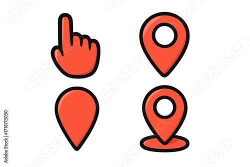 Red pointer icon set with hand cursor and location pin markers. GPS navigation and destination symbols for maps. Click here button and position mark vector illustration pack.