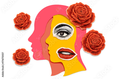 8 March Women's Day paper cut collage. Female head profile with torn zine elements. Mental health psychology metaphor. Abstract inner world, surreal beauty and roses artwork.