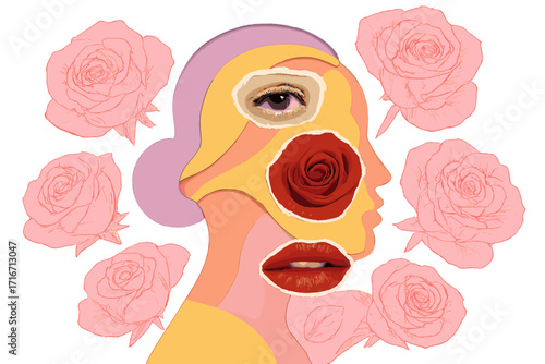 Woman's Day 8 March concept collage. Paper cut female profile with torn zine elements. Surreal art with roses, eye, and lips. Beauty and mental health metaphor illustration.