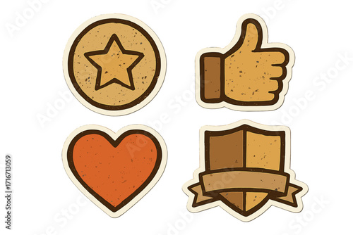 Set of grunge retro badge icons. Vintage stamp collection with star, heart, thumbs up and shield. Vector cartoon illustration for likes, rating, quality and approval.