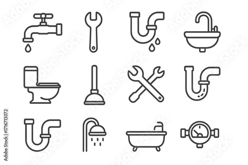 Plumbing service and bathroom line icon set. Vector icons of faucet, pipe, toilet, sink, shower, bathtub, wrench for repair, leak, and maintenance. Editable stroke.