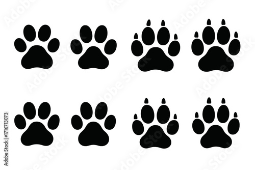 Paw print set vector collection. Animal tracks silhouette. Dog, cat, wolf, bear footprint icons. Wildlife trail and pet puppy pawprints. Black and white clip art.