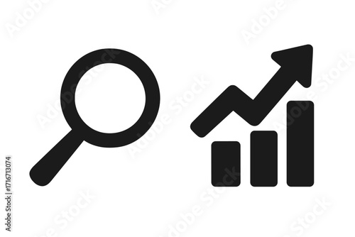 Growth analysis icon set. Magnifying glass for data research and search symbol. Bar chart with arrow up for financial progress, success, and market trend statistics.