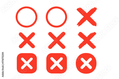 Set of red cross mark X icons. Hand drawn brush stroke, circle, and square shapes. Concept of wrong, no, error, decline. Vector rejection, fail, and stop signs collection.