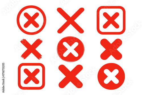 Red cross mark icon set. Collection of X symbols in various styles. Wrong, error, no, decline, and cancel signs. Vector illustration of rejection or failure buttons.
