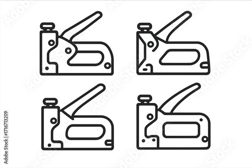 Staple gun icon set. Line art vector collection of construction tools. For repair, DIY, woodworking, carpentry, upholstery. Fastener, tacker, staple machine symbol.