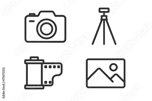 Linear photography icons set including camera, tripod, film roll, and landscape photo, vector illustration with transparent background, minimalist photo equipment symbols collection