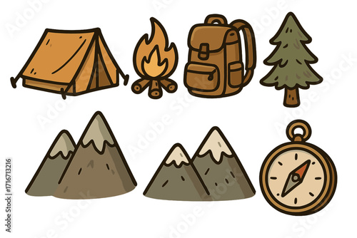 Camping and hiking icon set. Hand-drawn vector doodles of tent, campfire, backpack, tree, and mountain. Outdoor adventure, travel, and exploration concept clipart.