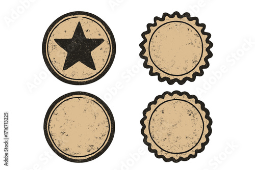 Grunge badge icon set. Vintage round sticker collection. Retro distressed empty labels with star symbol. Old paper texture seal. Vector graphic element for promotion or quality.