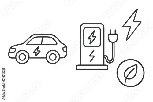 Electric car icon set vector. EV charging station symbol. Green energy and sustainable transport concept. Line art automobile, power plug, eco leaf. Clean technology.