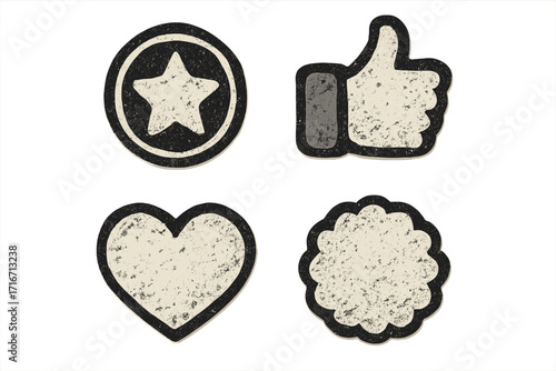 Grunge stamp icon set. Vector social media symbols like thumbs up, love heart, and favorite star. Distressed retro badge illustration for feedback, rating and approval.