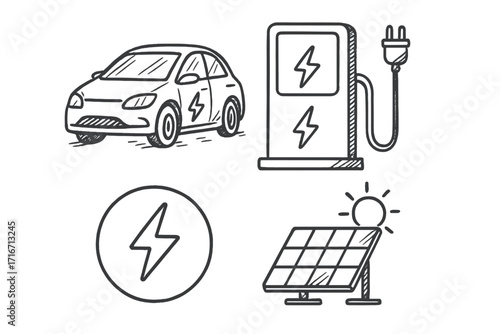 Electric car sketch icons. EV charging station, solar panel, energy symbol set. Hand-drawn vector illustration for sustainable transport, green power, and eco-friendly technology.