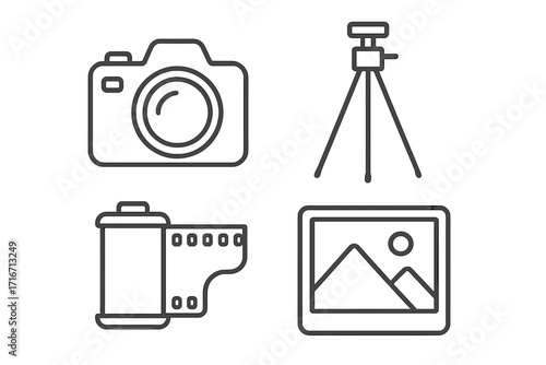 Linear photography icons set including camera, tripod, film roll, and photo frame, vector cartoon illustration with transparent background, ordered collection of photo equipment symbols