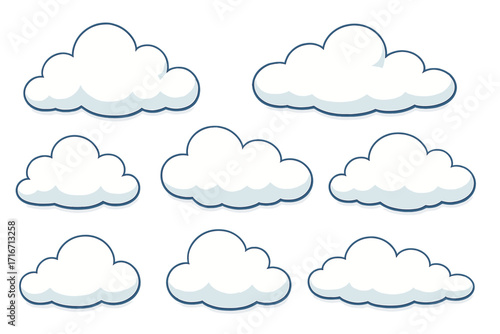 Flat cartoon clouds collection. Vector set of fluffy white cloud shapes with blue outline and shadow. Isolated cloudscape elements for sky background, weather icons.