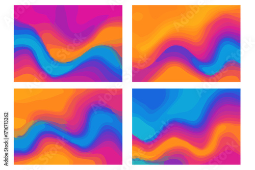 Set of 4 abstract grainy gradient backgrounds. Vibrant y2k vintage style with colorful liquid waves. Modern trendy blur texture for web, mobile apps, posters and covers.