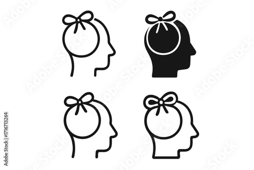 Reminder icon set. Remember concept with bow on brain. Head silhouette. Memory loss, amnesia, alzheimer metaphor. Psychology and mental health symbol. Vector illustration.