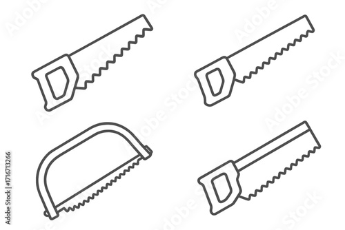 Hand saw line icon set. Carpentry and construction tools collection. Vector hacksaw, handsaw outline symbols for woodworking, repair, and DIY projects. Simple linear graphic.
