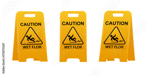 Wet floor caution sign. Public warning yellow symbol clipart. Slippery surface beware plastic board design element. Workplace safety. Vector