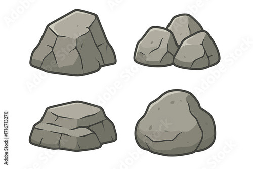 Rock stone icon set. Cartoon vector illustration. Natural mineral boulder collection. Gray geology rocks for game design. Pile of stones, nature element isolated background.
