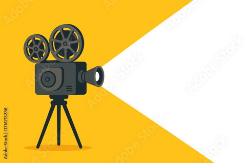 Retro film projector with light beam and copy space. Vintage movie camera on tripod. Cinema concept for film festival, movie night poster or banner. Old filmmaking equipment.