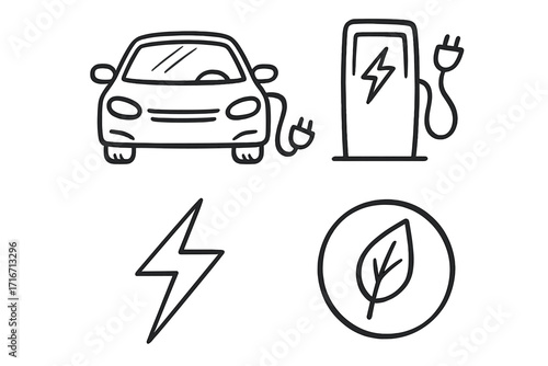 Electric car icon set doodle sketch. EV charging station, eco friendly leaf symbol, and power sign. Green energy and sustainable transport concept. Vector line art illustration.