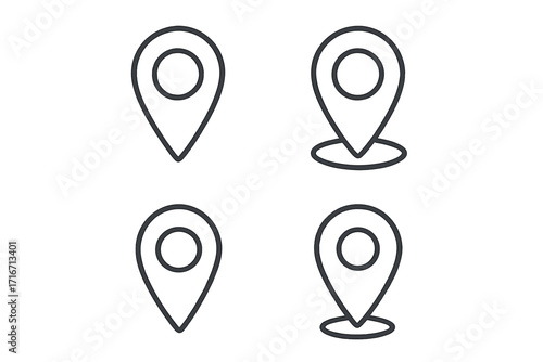 Vector location pin icon set. Minimalist outline map pointer collection. GPS navigation marker symbol. Geolocation sign for destination, address, and position finding.