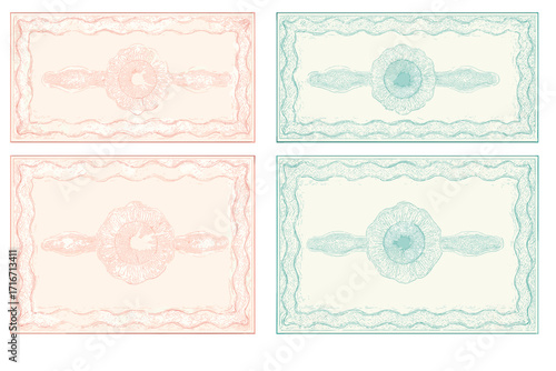 Vector voucher, gift certificate template set with guilloche pattern. Secure background for banknote, money, currency. Official border for award, coupon, diploma, check design.