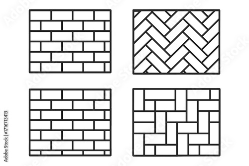 Geometric brick wall and paving patterns set. Vector line art icons of various masonry bonds. Includes herringbone, running bond, and basketweave. Black and white outline.