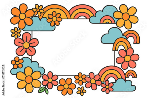 Groovy retro frame with flowers and rainbows. 70s vintage hippie style border with clouds. Cute floral cartoon background for card, banner, or invitation with copy space.
