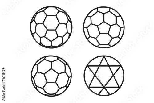 Set of soccer ball icons in minimalist line art style. Geometric football pattern collection. Vector symbols with pentagon and hexagon shapes and a hexagram sacred geometry.