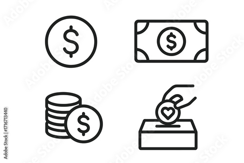 Minimal finance and donation icons set with dollar coin, paper money, stacked coins, and charity hand placing coin in donation box, vector cartoon transparent background