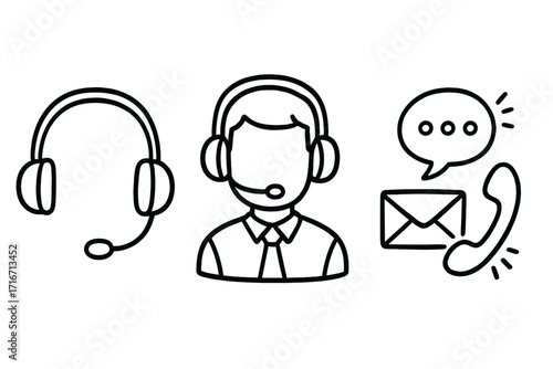 Customer service icon set. Call center agent with headset. Communication symbols for support, contact and help. Vector line art illustration. Phone, mail, chat icons.