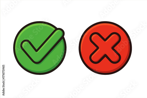 Vector check mark and cross icon set. Green tick and red x symbol for validation. Approve and reject button concept. Correct and incorrect choice illustration for web design.