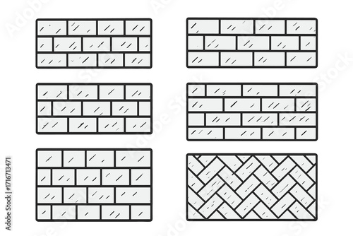 Collection of hand-drawn brick wall patterns. Vector cartoon illustration of different masonry textures. Building and construction graphic design elements set for projects.