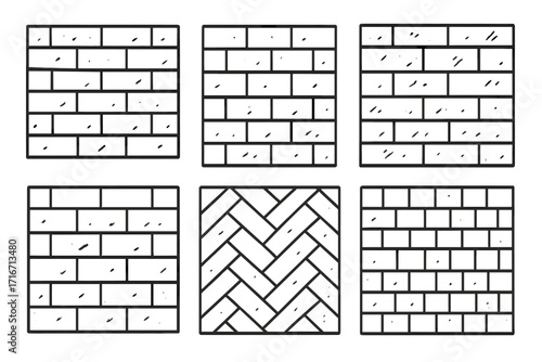Hand-drawn brick patterns collection. Vector cartoon illustration set of different masonry textures. Sketch doodle style wall background elements for creative design projects.