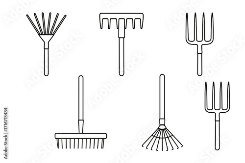 Garden tools outline icon set. Vector collection of gardening equipment. Rake, pitchfork, and broom in minimalist line art style. Agricultural and farming symbols.